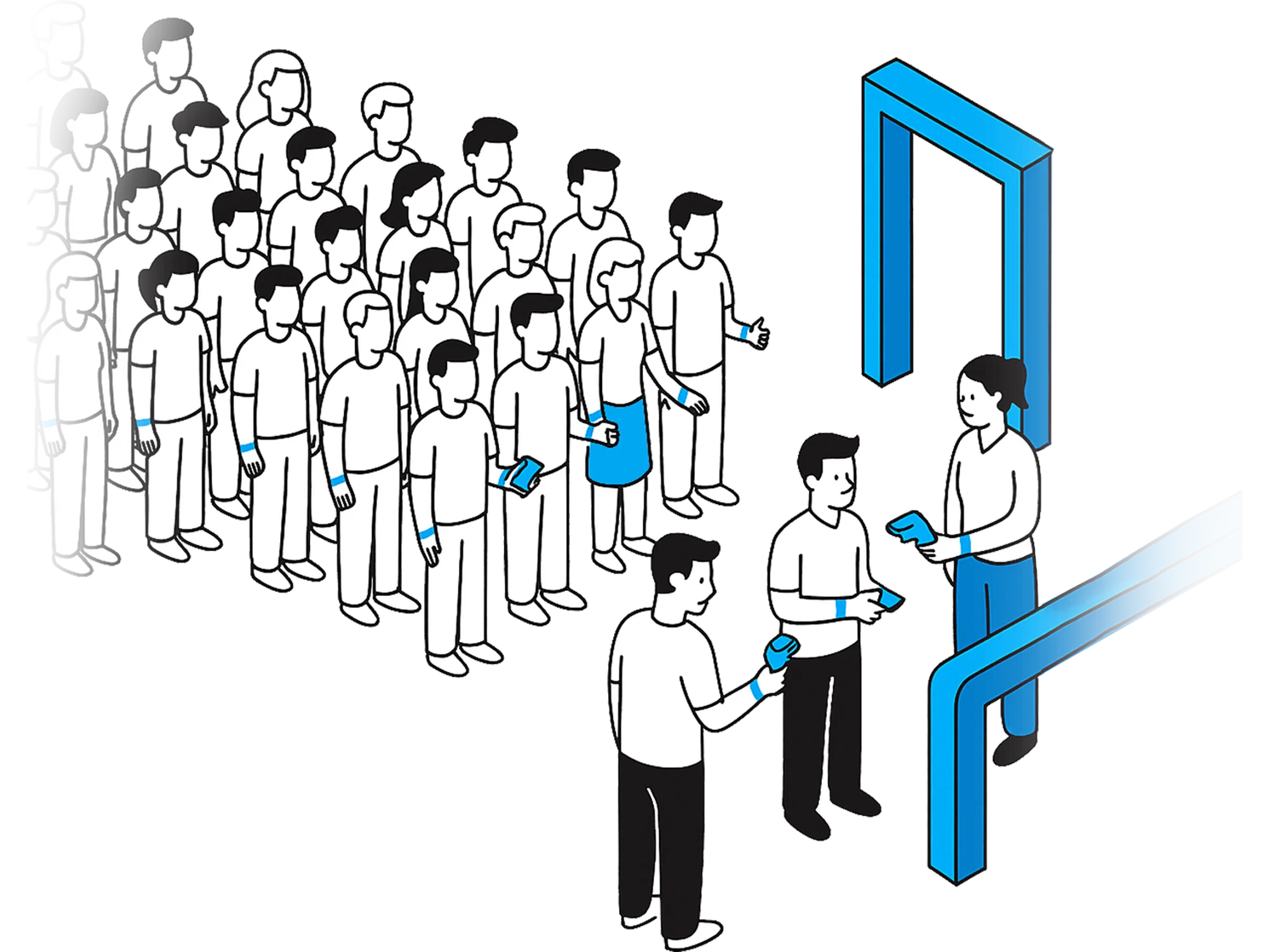 line up of scannign wristbands and tickets at event isometric cartoon